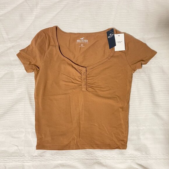 Hollister Cropped Ruched Button-Up Top Brown Orange - XS - Picture 3 of 10